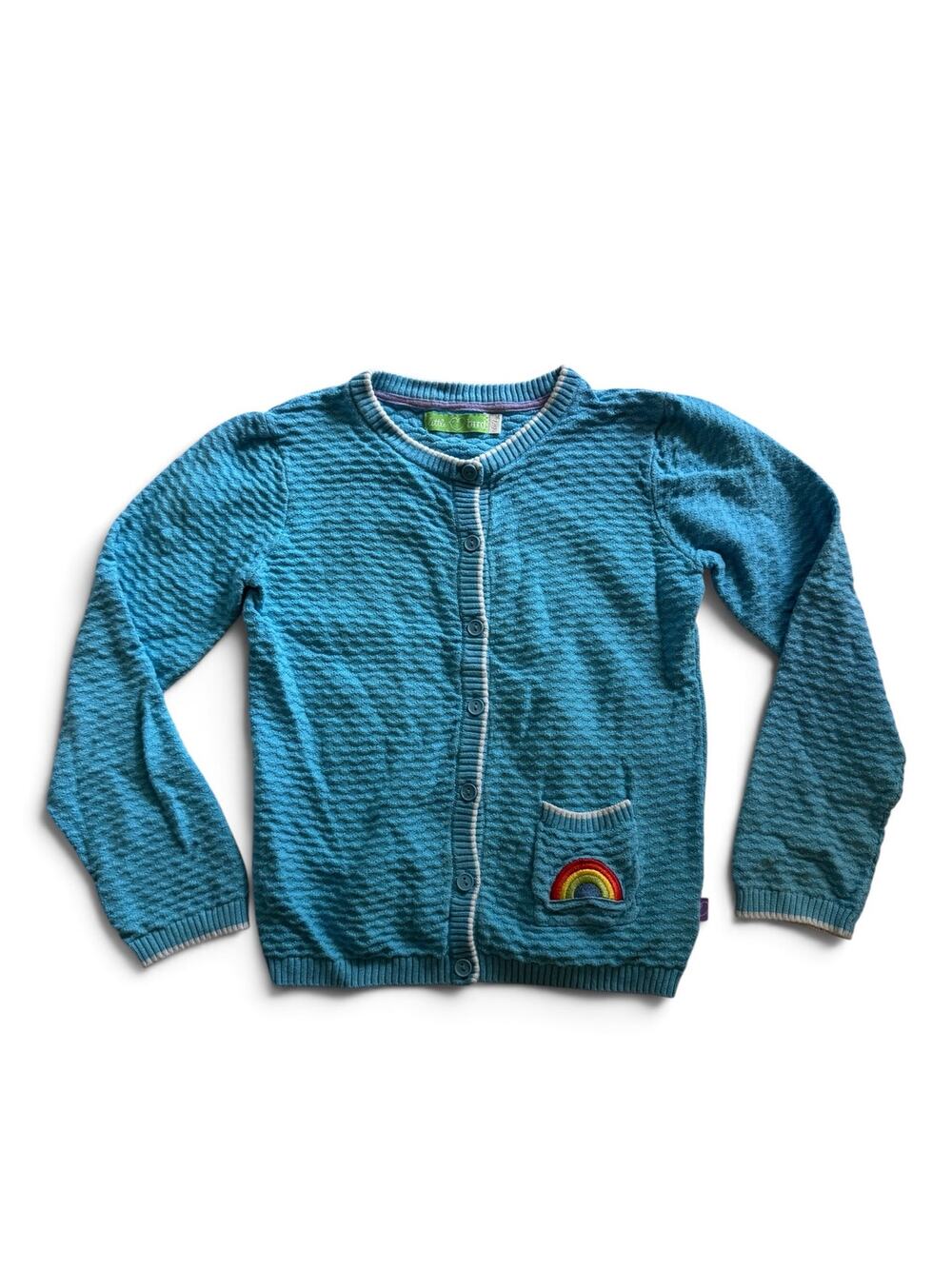 Little Bird blue cardigan with rainbow pocket